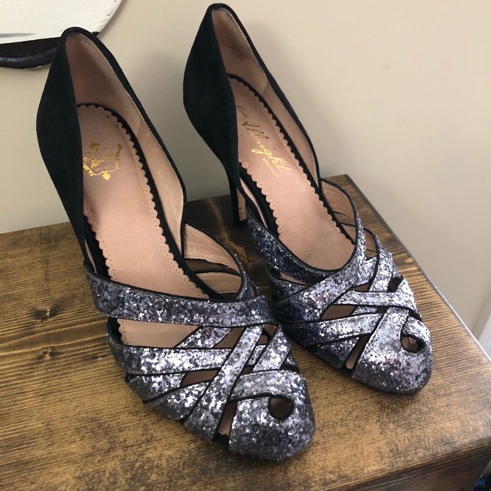 Miss Albright purple glitter strappy suede heels.